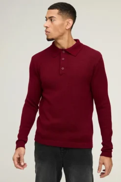 Best boohooMAN Regular Button Neck Long Sleeve Knitted Polo burgundy