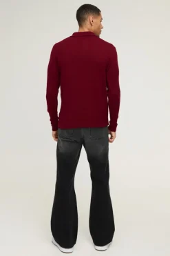 Best boohooMAN Regular Button Neck Long Sleeve Knitted Polo burgundy