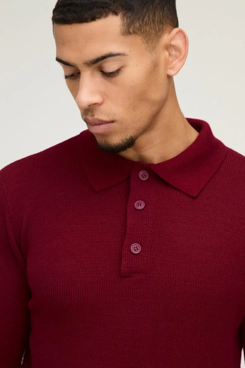 Best boohooMAN Regular Button Neck Long Sleeve Knitted Polo burgundy