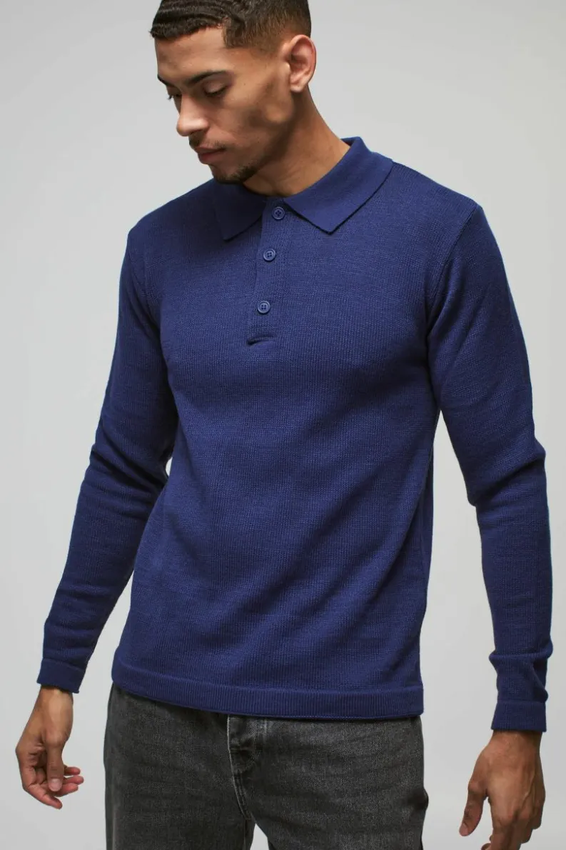 Online boohooMAN Regular Button Neck Long Sleeve Knitted Polo slate blue