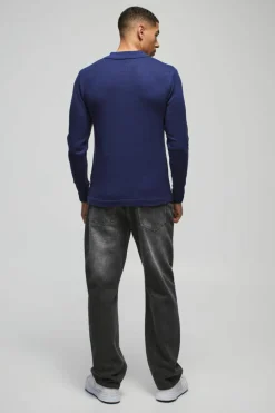 Online boohooMAN Regular Button Neck Long Sleeve Knitted Polo slate blue