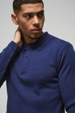 Online boohooMAN Regular Button Neck Long Sleeve Knitted Polo slate blue