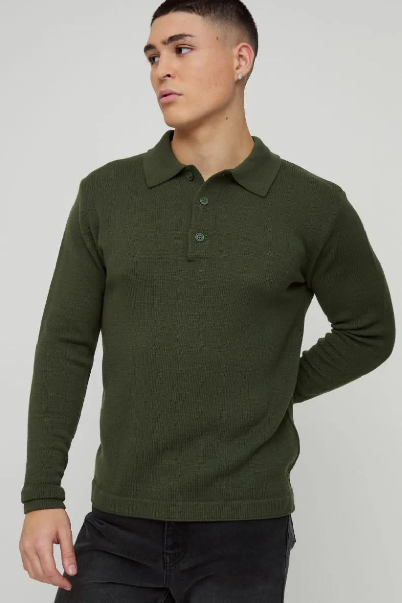 Discount boohooMAN Regular Button Neck Long Sleeve Knitted Polo khaki