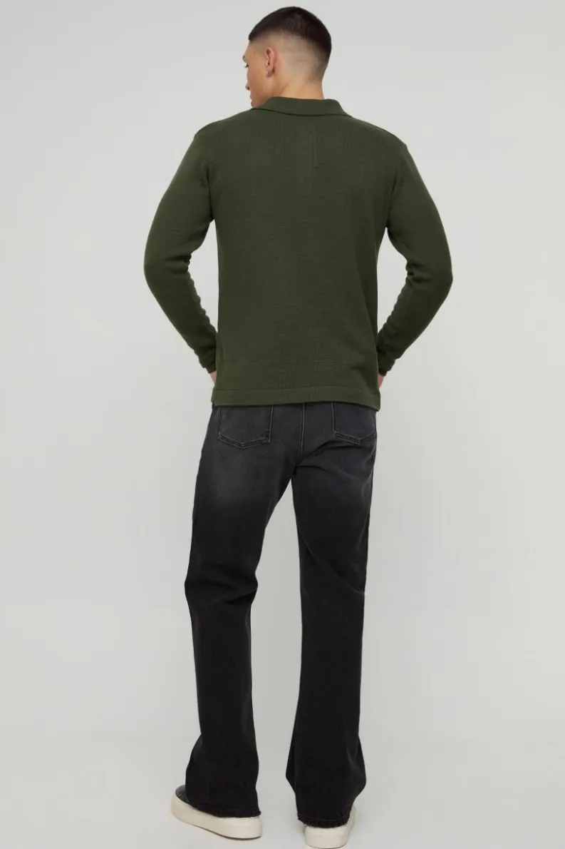 Discount boohooMAN Regular Button Neck Long Sleeve Knitted Polo khaki