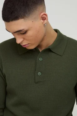 Discount boohooMAN Regular Button Neck Long Sleeve Knitted Polo khaki