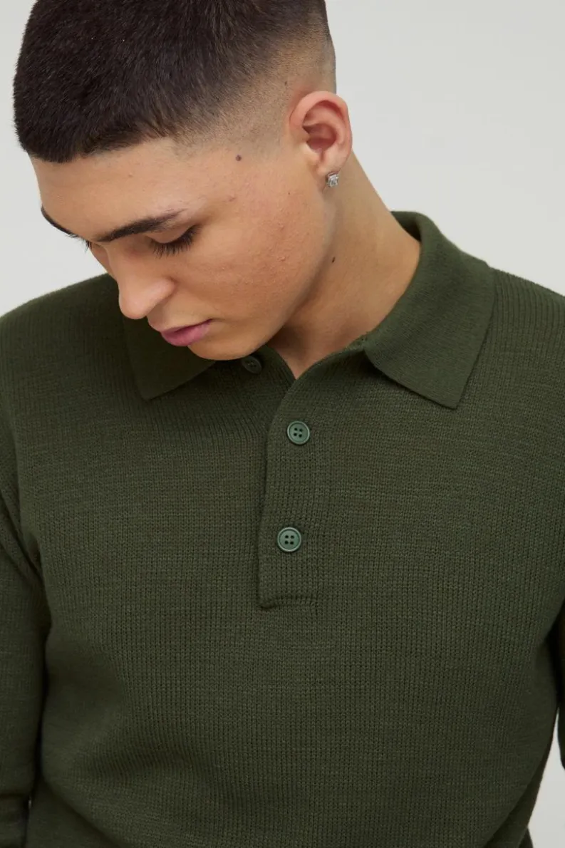 Discount boohooMAN Regular Button Neck Long Sleeve Knitted Polo khaki