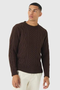 Clearance boohooMAN Regular Cable Knit Jumper chocolate