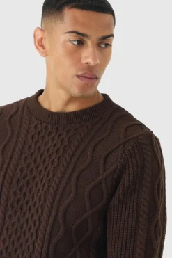 Clearance boohooMAN Regular Cable Knit Jumper chocolate