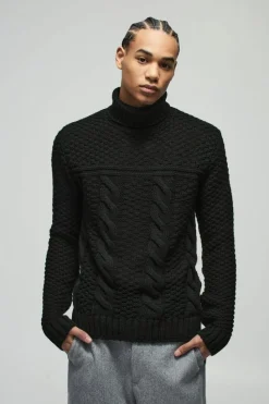 Best boohooMAN Regular Cable Knit Panel Roll Neck Knitted Jumper black