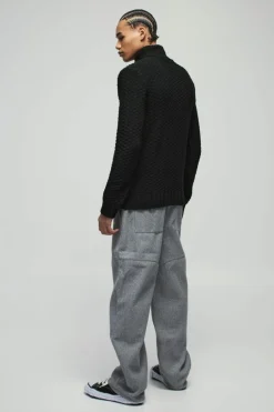 Best boohooMAN Regular Cable Knit Panel Roll Neck Knitted Jumper black