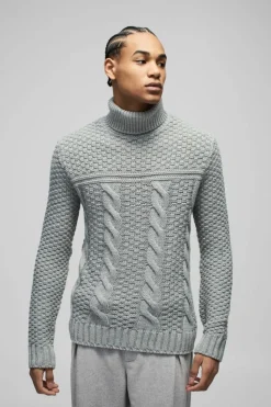Best boohooMAN Regular Cable Knit Panel Roll Neck Knitted Jumper grey