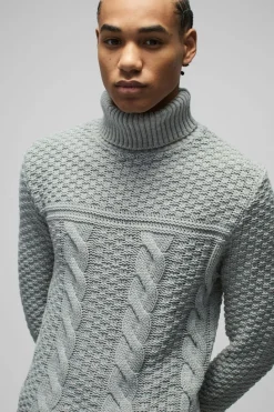 Best boohooMAN Regular Cable Knit Panel Roll Neck Knitted Jumper grey