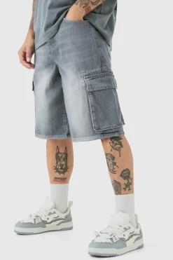 Sale boohooMAN Regular Cargo Denim Jorts light grey