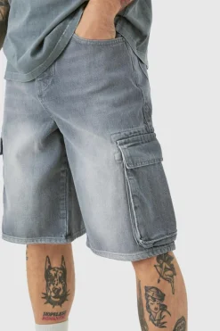 Sale boohooMAN Regular Cargo Denim Jorts light grey