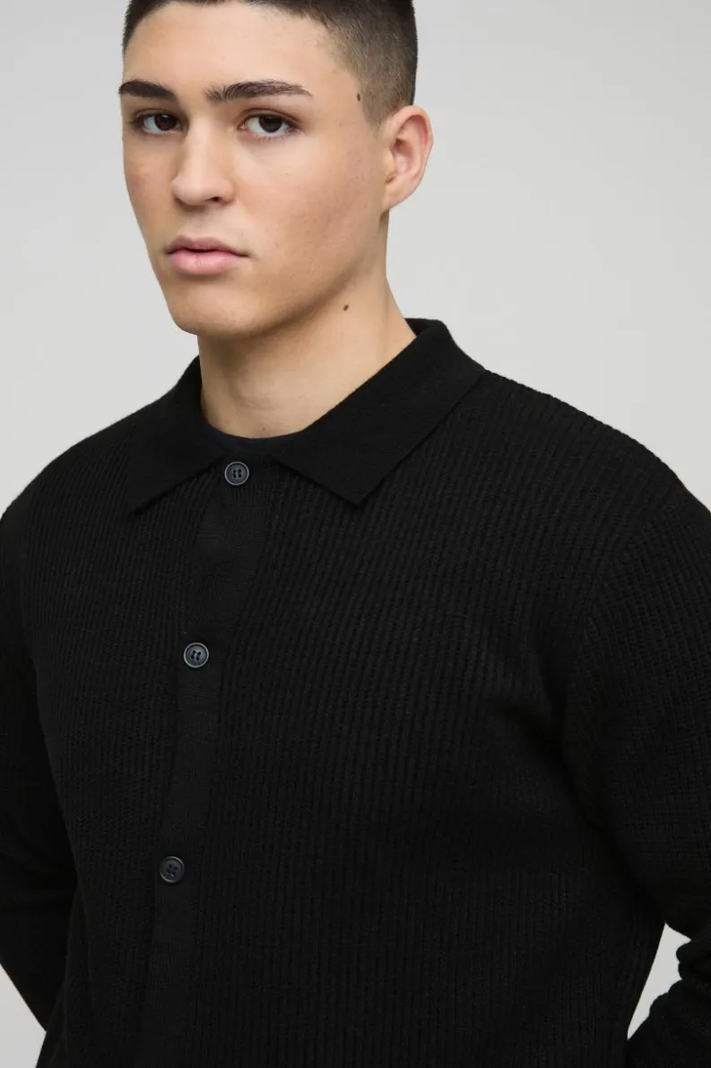 Hot boohooMAN Regular Collared Knitted Cardigan black
