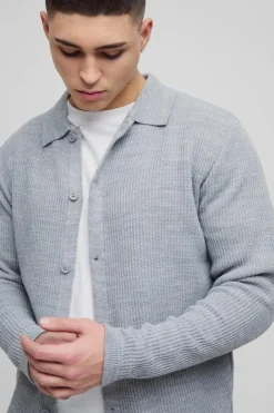 Shop boohooMAN Regular Collared Knitted Cardigan grey