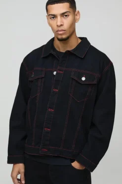 Cheap boohooMAN Regular Contrast Red Stitch Denim Jacket washed black