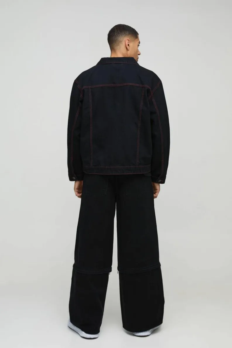 Cheap boohooMAN Regular Contrast Red Stitch Denim Jacket washed black