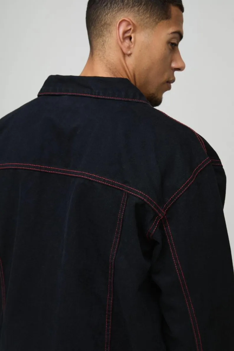 Cheap boohooMAN Regular Contrast Red Stitch Denim Jacket washed black
