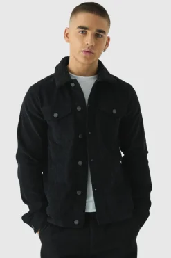 Online boohooMAN Regular Cord Jacket With Borg Collar black