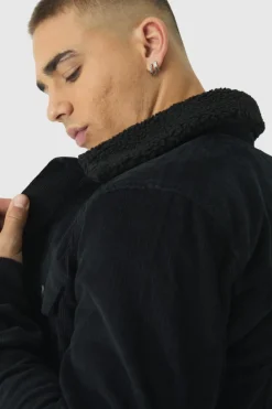 Online boohooMAN Regular Cord Jacket With Borg Collar black