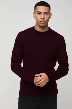 Best boohooMAN Regular Crew Neck Plated Ribbed Knit Jumper burgundy