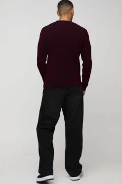 Best boohooMAN Regular Crew Neck Plated Ribbed Knit Jumper burgundy