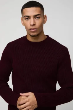 Best boohooMAN Regular Crew Neck Plated Ribbed Knit Jumper burgundy