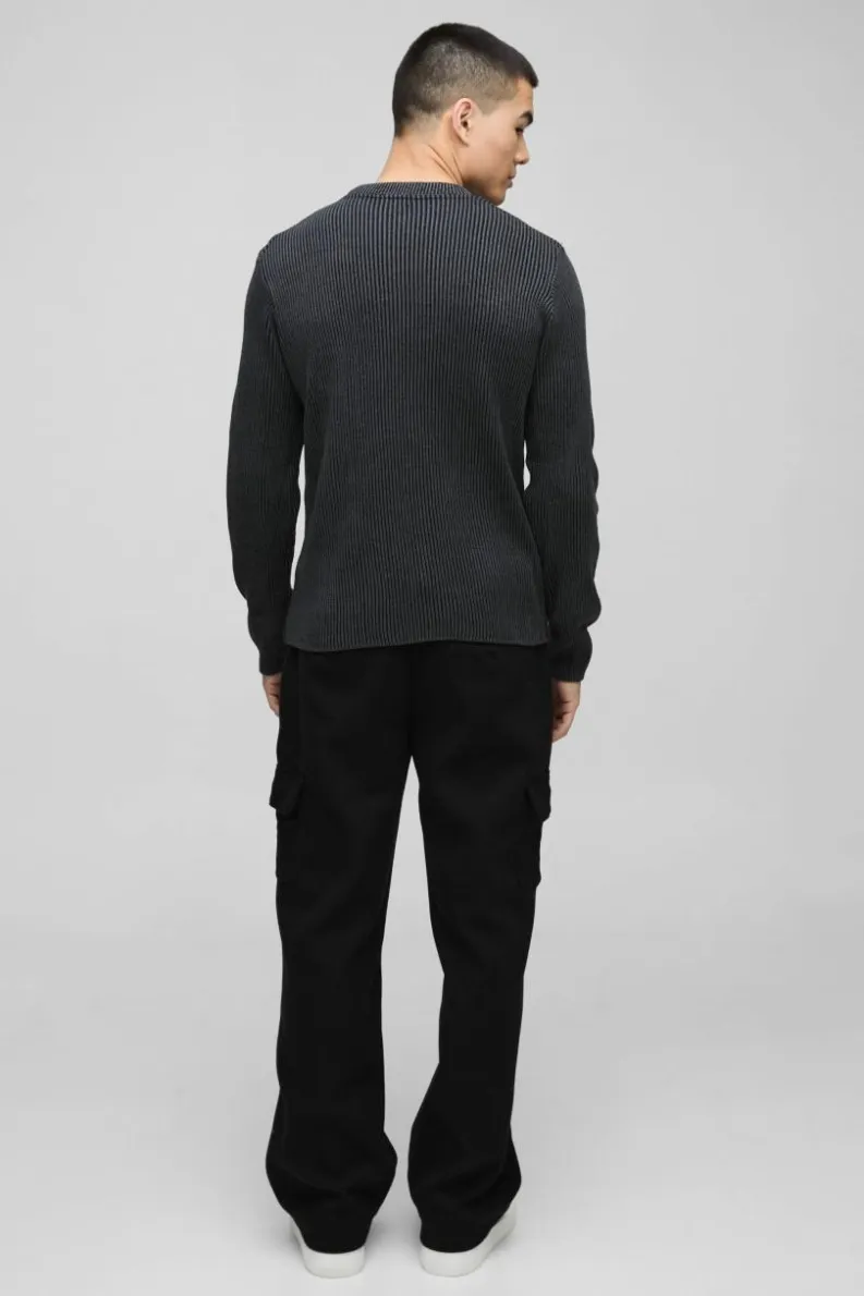 Cheap boohooMAN Regular Crew Neck Plated Ribbed Knit Jumper black