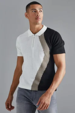 Shop boohooMAN Regular Curved Jacquard Half Zip Knitted Polo ecru