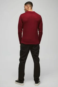 Online boohooMAN Regular Deep V Revere Collar Knitted Long Sleeve Polo burgundy