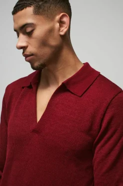 Online boohooMAN Regular Deep V Revere Collar Knitted Long Sleeve Polo burgundy