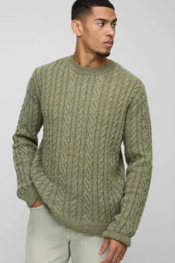 Sale boohooMAN Regular Fit Boucle Cable Knit Crew Neck Jumper olive