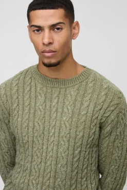 Sale boohooMAN Regular Fit Boucle Cable Knit Crew Neck Jumper olive
