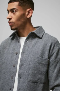 New boohooMAN Regular Fit Boucle Overshirt charcoal