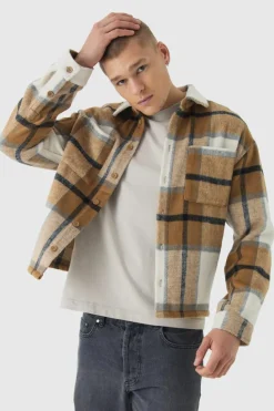 Clearance boohooMAN Regular Fit Brushed Check Overshirt brown