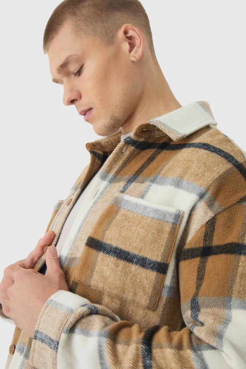 Clearance boohooMAN Regular Fit Brushed Check Overshirt brown