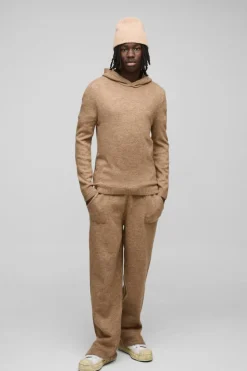 Discount boohooMAN Regular Fit Brushed Knit Hoodie Split Hem Tracksuit brown