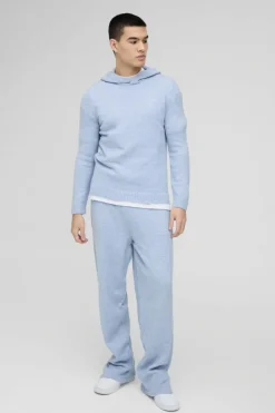 Best Sale boohooMAN Regular Fit Brushed Knit Hoodie Split Hem Tracksuit light blue