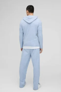 Best Sale boohooMAN Regular Fit Brushed Knit Hoodie Split Hem Tracksuit light blue