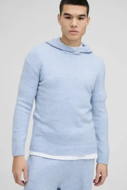 Best Sale boohooMAN Regular Fit Brushed Knit Hoodie Split Hem Tracksuit light blue