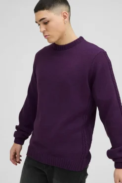 Cheap boohooMAN Regular Fit Cable Knit Seam and Hem Jumper purple