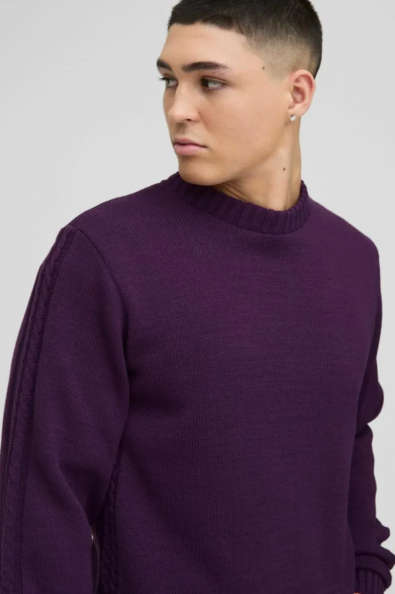 Cheap boohooMAN Regular Fit Cable Knit Seam and Hem Jumper purple