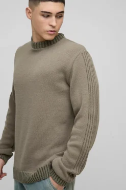 Cheap boohooMAN Regular Fit Contrast Rib Knit Sleeve Jumper khaki