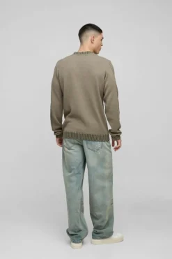 Cheap boohooMAN Regular Fit Contrast Rib Knit Sleeve Jumper khaki