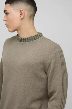 Cheap boohooMAN Regular Fit Contrast Rib Knit Sleeve Jumper khaki