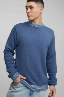 Online boohooMAN Regular Fit Contrast Rib Knit Sleeve Jumper slate blue