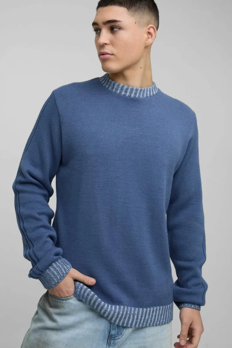 Online boohooMAN Regular Fit Contrast Rib Knit Sleeve Jumper slate blue
