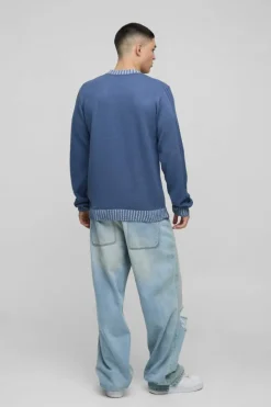 Online boohooMAN Regular Fit Contrast Rib Knit Sleeve Jumper slate blue