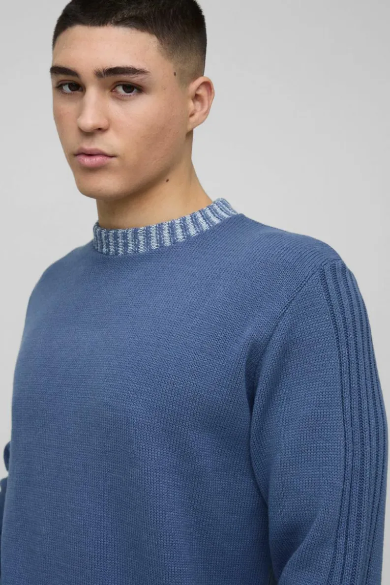 Online boohooMAN Regular Fit Contrast Rib Knit Sleeve Jumper slate blue